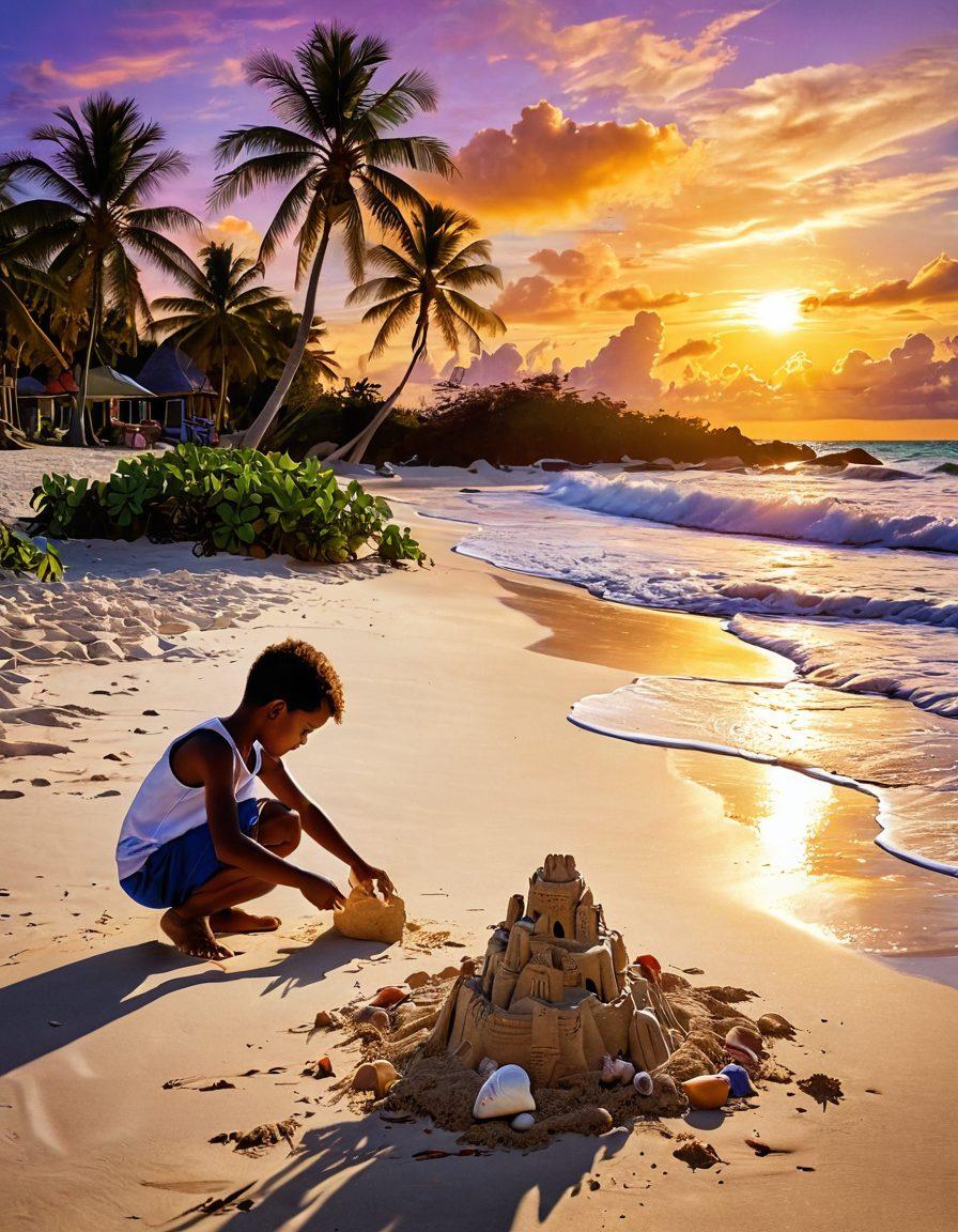 A picturesque tropical beach scene showcasing a kid building a detailed sandcastle in the foreground, while gentle waves lap at the shore under a breathtaking sunset. Coconut palm trees sway in the background, and colorful seashells litter the sand, creating a tranquil atmosphere. The sky is painted in warm oranges and purples, reflecting the serene beauty of the moment. super-realistic. vibrant colors. tropical theme.