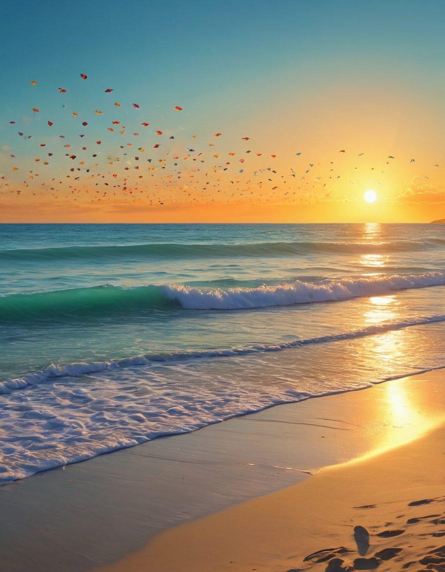 A sun-kissed beach with gentle waves lapping at the shore, dotted with colorful beach umbrellas and happy families playing in the sand. In the background, a tranquil turquoise sea meets a clear blue sky, where seagulls soar above. A vibrant sunset adds a golden glow to the scene, evoking feelings of relaxation and joy. super-realistic. vibrant colors. idyllic atmosphere.