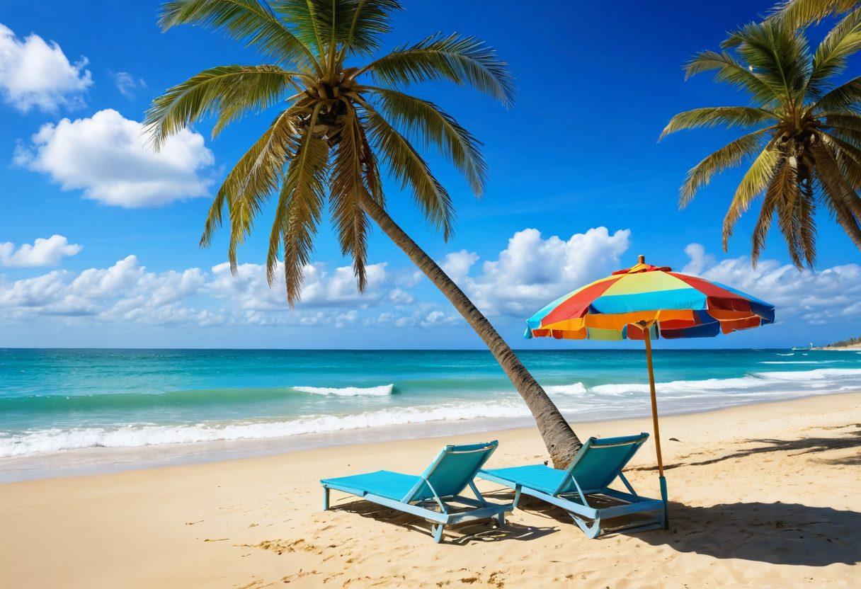 A serene beach scene with golden sands and gentle turquoise waves lapping at the shore. Palm trees sway in a light breeze under a bright blue sky, dotted with fluffy white clouds. A colorful beach umbrella and a striped towel lay beside a set of flip-flops. In the distance, silhouettes of cheerful people are enjoying the sun and surf. The overall feel is vibrant and inviting, exuding a sense of happiness and relaxation. super-realistic. vibrant colors. sunny atmosphere.
